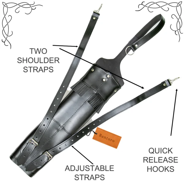 Leather Archery Quiver black rear view with adjustable shoulder straps and quick release hooks