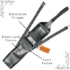 Leather Archery Quiver black close up showing fringe elastic loop and patch pocket
