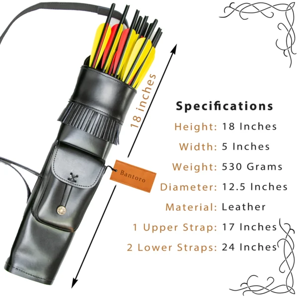 Leather Archery Quiver black cowhide leather front view with specifications