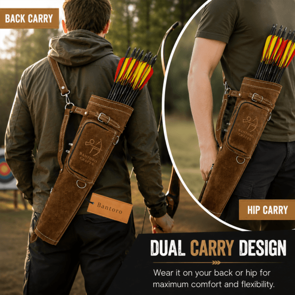 Leather Archery Quiver worn in both back carry and hip carry positions for versatile archery use.