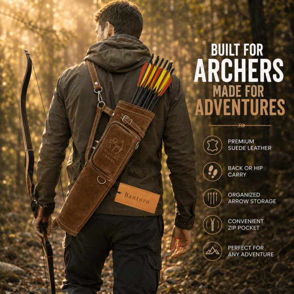 Archer wearing a Leather Archery Quiver during outdoor target practice in a forest with arrows securely stored.