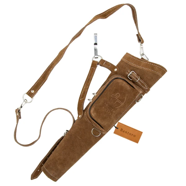 Leather Archery Quiver premium suede brown angled front view with adjustable shoulder strap