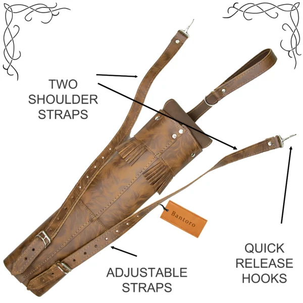 Leather Archery Quiver tiger brown rear view with adjustable shoulder straps and quick release hooks