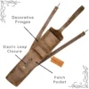Leather Archery Quiver tiger brown close up showing fringe elastic loop and patch pocket