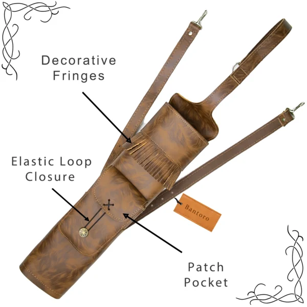 Leather Archery Quiver tiger brown close up showing fringe elastic loop and patch pocket