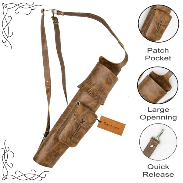 Leather Archery Quiver tiger brown with patch pocket quick release hooks and large opening