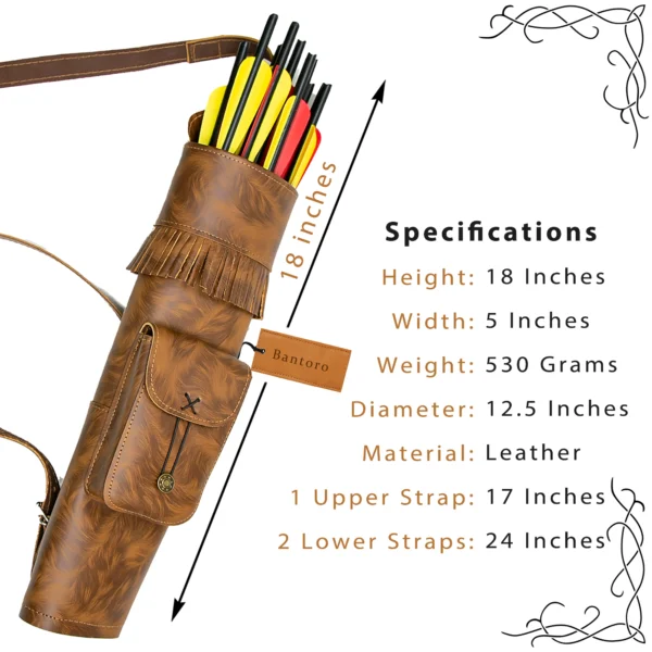 Leather Archery Quiver tiger brown genuine leather front view with specifications