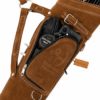 Leather Archery Quiver with a spacious zip storage pocket holding archery accessories, phone, wallet, and bow string wax.