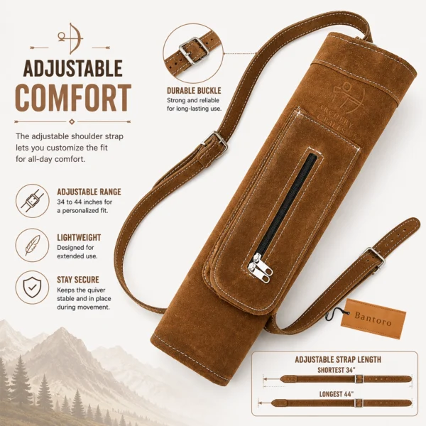 Leather Back Quiver featuring an adjustable suede shoulder strap with a durable buckle for a customized fit.