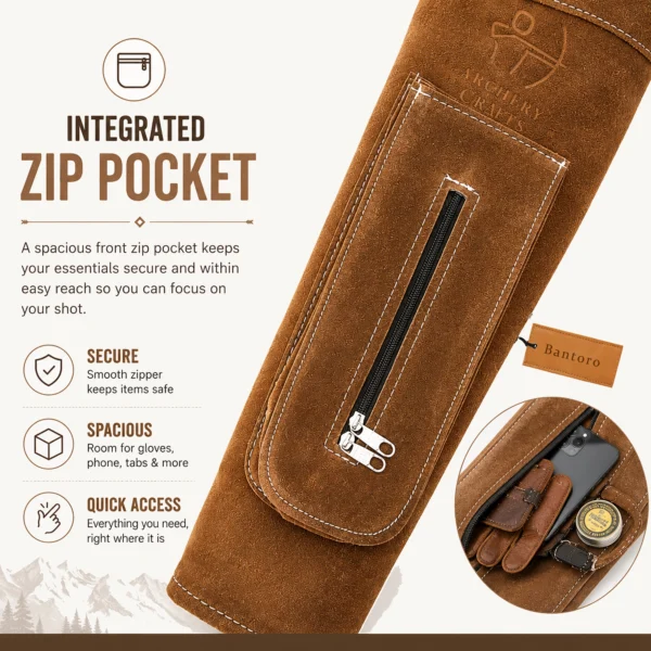 Leather Back Quiver with an integrated front zip pocket for secure storage of archery accessories and everyday essentials.