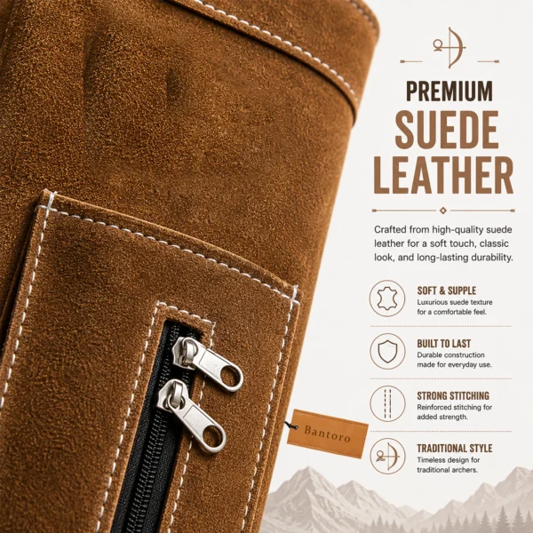 Close-up of a Leather Back Quiver highlighting premium suede leather texture, reinforced stitching, and durable zipper construction.