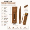 Leather Back Quiver specifications infographic showing dimensions, adjustable shoulder strap, premium suede leather construction, and recommended archery applications.