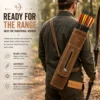Archer wearing a Leather Back Quiver filled with arrows during outdoor target practice in a woodland setting.