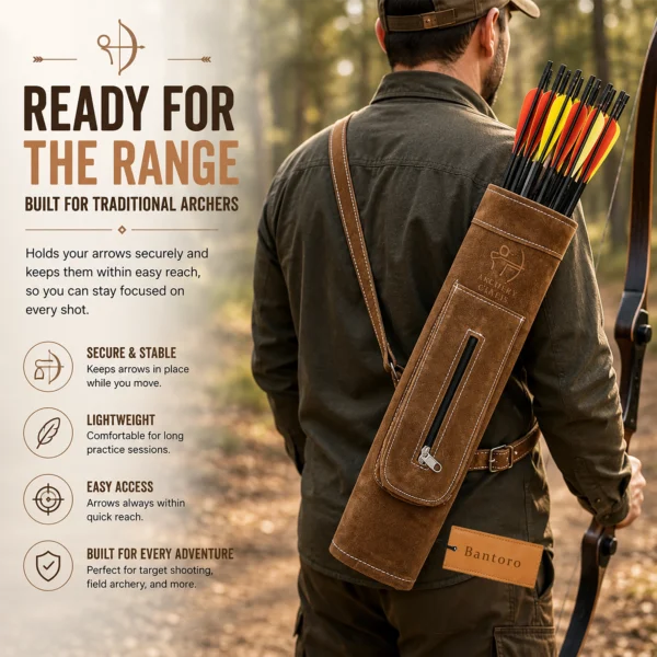 Archer wearing a Leather Back Quiver filled with arrows during outdoor target practice in a woodland setting.