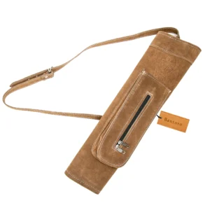 Leather Back Quiver with Zip Pocket in suede brown leather front view with adjustable shoulder strap