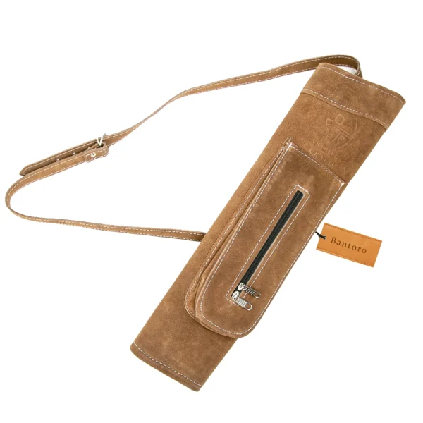 Leather Back Quiver with Zip Pocket in suede brown leather front view with adjustable shoulder strap