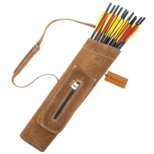 Leather Back Quiver with Zip Pocket holding traditional archery arrows with adjustable shoulder strap