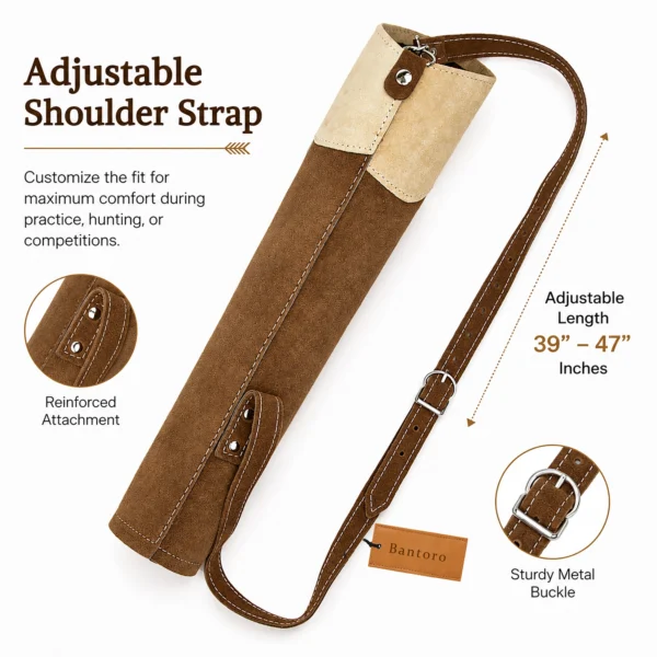 Suede leather archery back quiver with an adjustable shoulder strap, reinforced attachment points, and a sturdy metal buckle for a secure, customized fit.