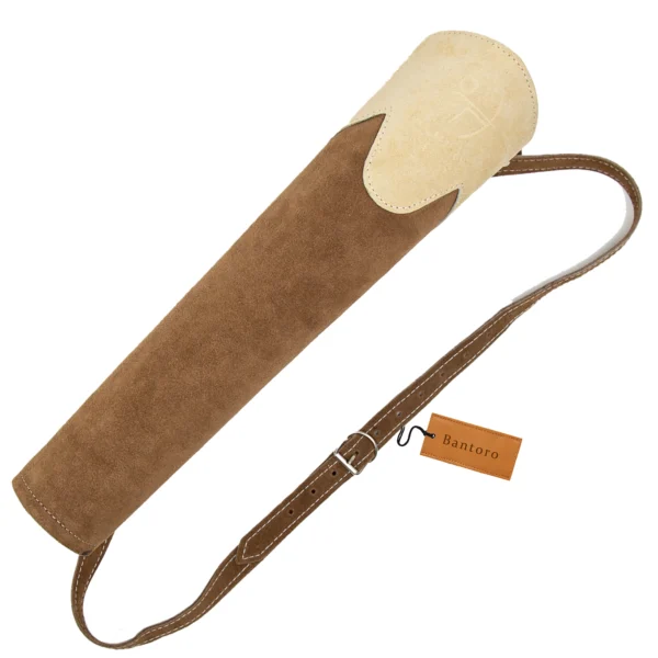 Suede Leather Archery Back Quiver premium brown angled view with adjustable shoulder strap