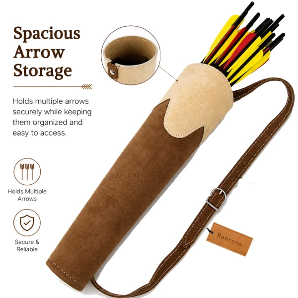 Suede leather archery back quiver with spacious arrow compartment for organized and secure arrow storage.