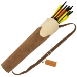 Suede Leather Archery Back Quiver premium brown front view with arrows and adjustable shoulder strap