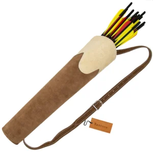 Suede Leather Archery Back Quiver premium brown front view with arrows and adjustable shoulder strap