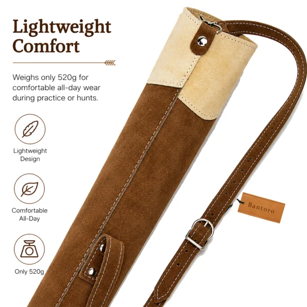 Lightweight suede leather archery back quiver with adjustable shoulder strap for comfortable all-day wear.