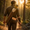 Archer walking through a forest wearing a suede leather archery back quiver filled with arrows during outdoor practice.
