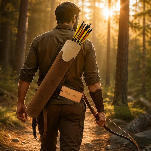 Archer walking through a forest wearing a suede leather archery back quiver filled with arrows during outdoor practice.