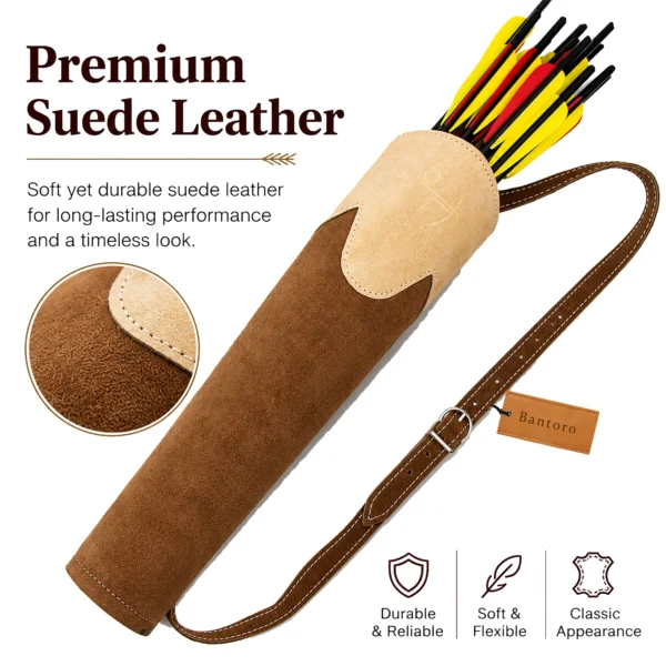 Suede leather archery back quiver showcasing premium suede leather texture with adjustable shoulder strap and durable construction.