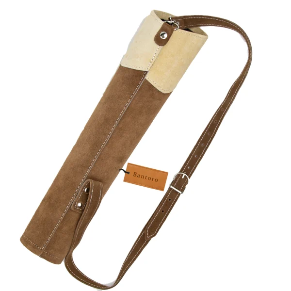 Suede Leather Archery Back Quiver premium brown rear view showing adjustable shoulder strap