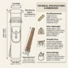 Technical specification chart showing dimensions, weight, strap adjustment, and storage features of a traditional leather archery quiver.
