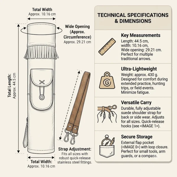 Technical specification chart showing dimensions, weight, strap adjustment, and storage features of a traditional leather archery quiver.