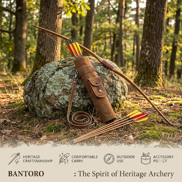 Traditional leather archery quiver displayed with a recurve bow and arrows on a forest trail, showcasing outdoor use and heritage craftsmanship.