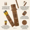 Brown suede leather archery quiver highlighting decorative fringe, stainless steel hooks, accessory pocket, genuine leather construction, and wide arrow opening.