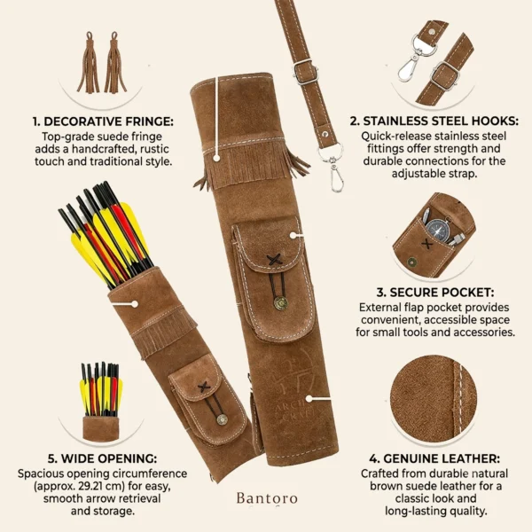 Brown suede leather archery quiver highlighting decorative fringe, stainless steel hooks, accessory pocket, genuine leather construction, and wide arrow opening.