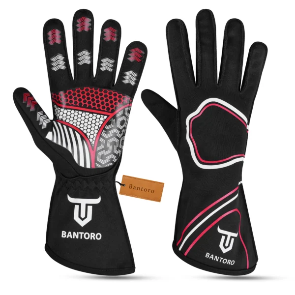 Go karting gloves flat front and rear view showing breathable fabric and silicone grip