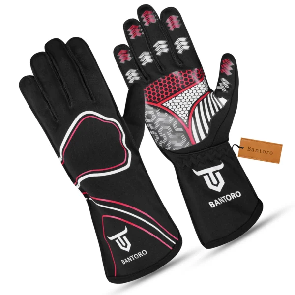 Go karting gloves side angle view with ergonomic pre-curved fit and silicone grip