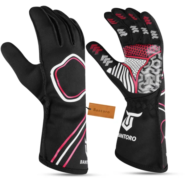 Go karting gloves side angle view with ergonomic pre-curved fit and silicone grip