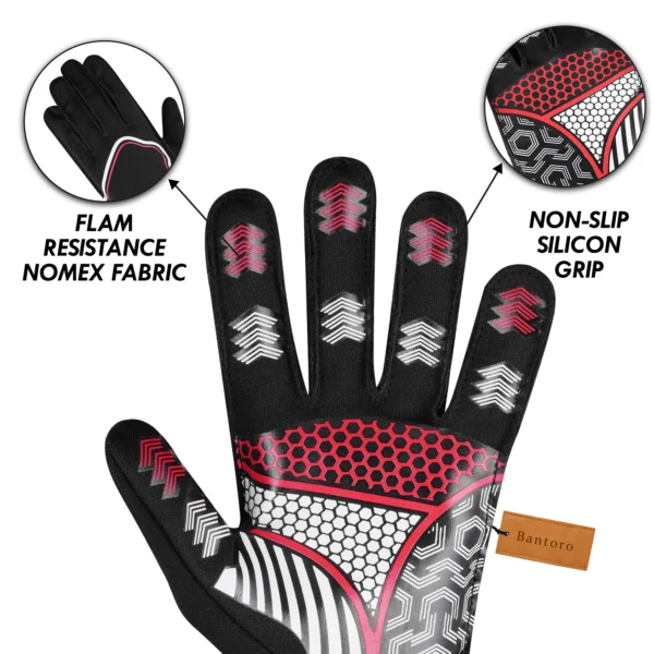 Go karting gloves with high-grip silicone palm and flame resistant Nomex style fabric design