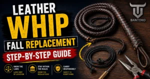 Guide étape par étape pour remplacer une lanière de fouet en cuir, avec un bullwhip en cuir enroulé et une lanière de rechange.