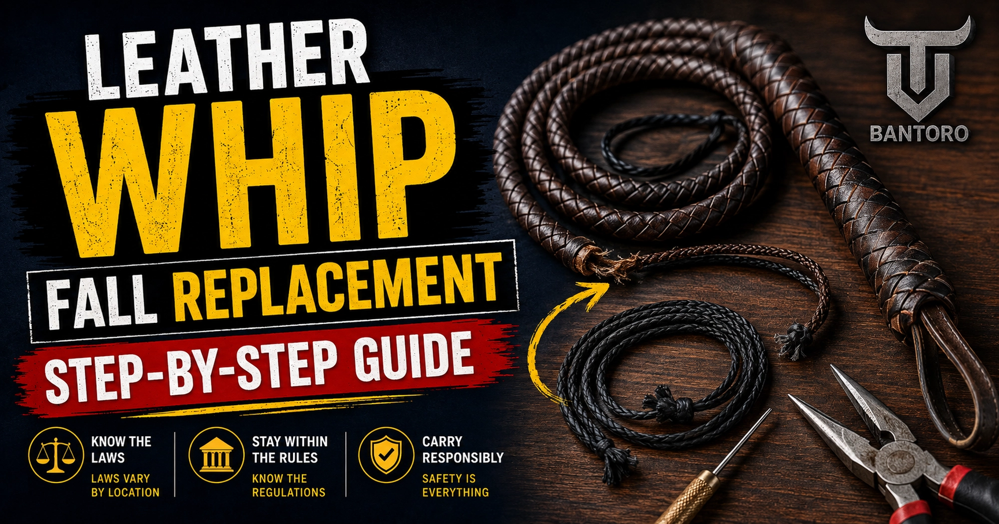 Guide étape par étape pour remplacer une lanière de fouet en cuir, avec un bullwhip en cuir enroulé et une lanière de rechange.