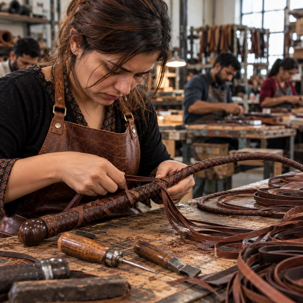 Adding another braided leather layer to a handmade bullwhip