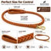 Braided leather dog leash measuring 1.1m long and 2.5cm wide with approximately 18cm padded handle