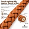 Braided leather dog leash with handmade 8-strand cowhide braid and inner cotton rope filling shown in close-up