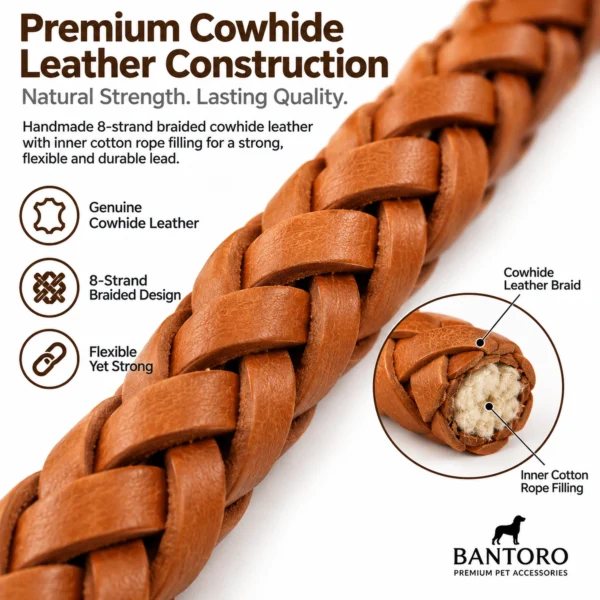 Braided leather dog leash with handmade 8-strand cowhide braid and inner cotton rope filling shown in close-up