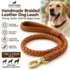 Braided leather dog leash for medium and large dogs with handmade 8-strand cowhide braid, padded handle and brass safety hook