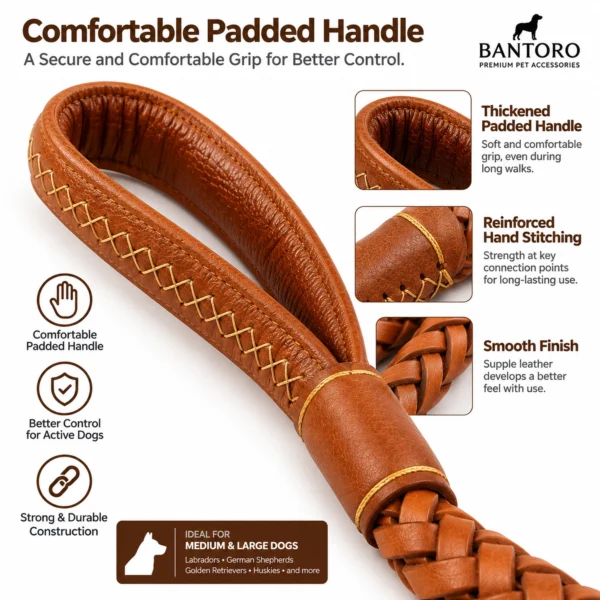 Braided leather dog leash with comfortable padded cowhide handle and reinforced hand stitching for secure control