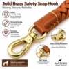 Braided leather dog leash with solid brass safety snap hook and 360 degree swivel attachment for secure walking