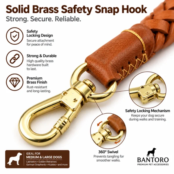 Braided leather dog leash with solid brass safety snap hook and 360 degree swivel attachment for secure walking